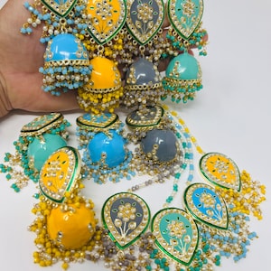 Hand painted Jhumka Earrings/ Jhumka and Tikka set/ pakistani jewelry/ wedding jewelry/ Indian Jhumka