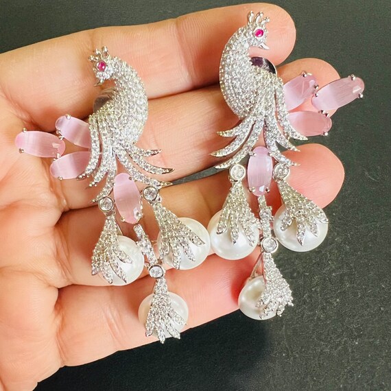 Peacock Design Earrings American Diamond Earrings Baroque Pearl