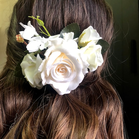 Ivory White Bridal Flower Hair Comb: Silk Wedding Hair  display picture 3