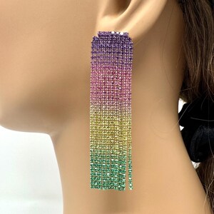 Long Tassel Earrings/ Rhinestone multicolored Earrings/ Big Hanging Earrings/ Dangle Earrings/ Bridal Earrings