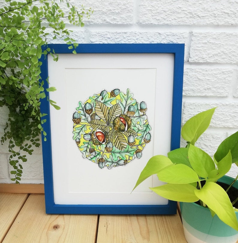 May include: A framed illustration of a circle of autumn leaves and acorns with a cluster of chestnuts in the centre. The leaves are green, yellow, and brown, and the acorns are blue and brown. The chestnuts are brown with red accents.