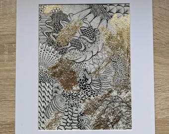 Monochrome Gold Leaf Ink Drawing Wall Art Decor