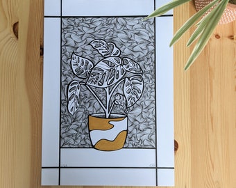 Cheese Plant Monochrome Ink Art Wall Art Decor
