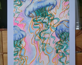 Neon Watercolour Jellyfish Original Wall Art Decor Gift