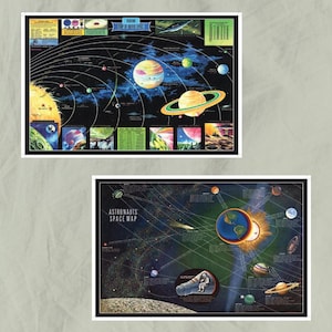 May include: Two vintage space-themed posters. The top poster features a diagram of the solar system with planets and celestial bodies. The bottom poster is labeled "Astronauts Space Map" and depicts the Earth, planets, and a space capsule.