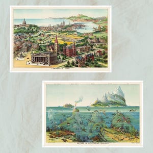 May include: Two vintage-style prints. The top print depicts a city with buildings, a capitol building, and a harbor, labeled "TEMPERATE ZONE." The bottom print shows an underwater scene with marine life and a volcano, labeled "NATURE IN DESCENDING REGIONS."