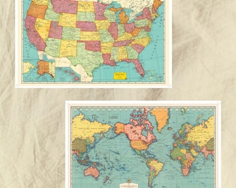 Reversible Map Placemat, Vintage USA & 1940s World Map, Laminated Table Mat