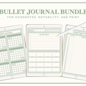 May include: Three digital planner pages for Goodnotes and Notability. The first page is a habit tracker with a grid of squares. The second page is a to-do list with a calendar and space for notes. The third page is a highlight and mood tracker with a list of numbers 1-31.