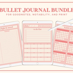 May include: Three digital planner pages for Goodnotes and Notability apps. The pages are pink and cream with black text. The first page is a mood and highlight tracker. The second page is a to-do list with a calendar. The third page is a habit tracker with four calendars.