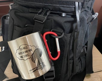 Personalized stainless steel mug with grim reaper carabiner