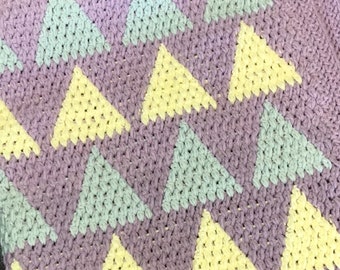 Aqua Blue/Yellow/Lavender Triangles baby blanket, super soft--Handmade crocheted lap blanket, throw