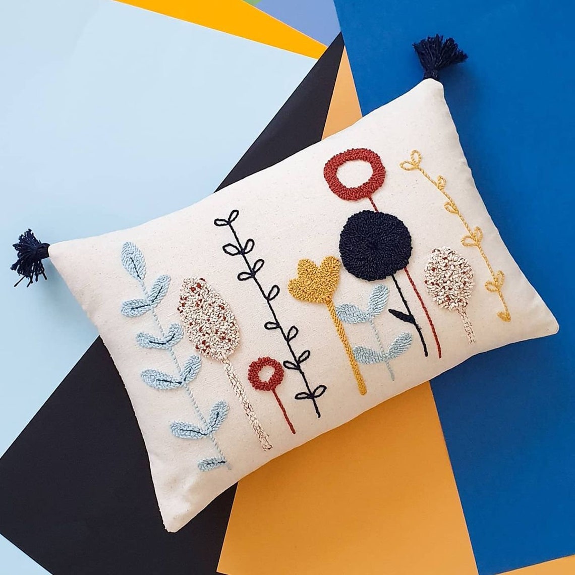 Hand Tufted Punch Needle Pillow Cover Decorative Embroidered Etsy