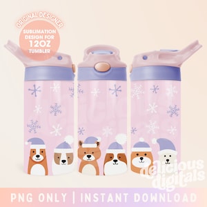 Kids 12oz Tumbler Wrap, Flip Top Tumbler, Kids Christmas Mug, Christmas Sublimation Wrap, PNG Design