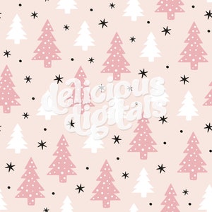 May include: A seamless pattern featuring pink and white Christmas trees with white polka dots on a light pink background. Black stars and dots are scattered throughout the pattern. The text "delicious digitals" is in the center of the pattern.