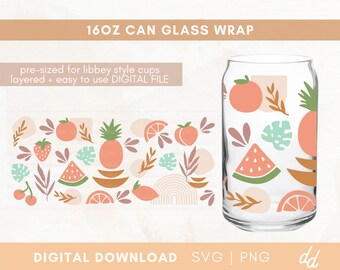 May include: A digital download for a 16oz can glass wrap featuring a layered design with fruits, leaves, and geometric shapes in pink, orange, green, and brown. The text "16OZ CAN GLASS WRAP" and "DIGITAL DOWNLOAD SVG | PNG" is included in the image.
