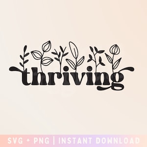以下が含まれることがあります： 「thriving」という言葉と、文字の上にスタイリッシュな花柄の要素が描かれた、白黒のグラフィックデザインです。