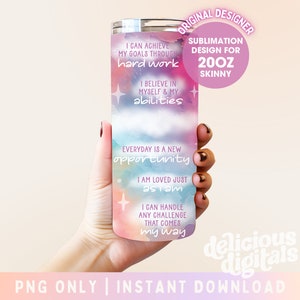 20oz Skinny Tumbler Dziewczęce afirmacje Sublimacja Dziecięcy projekt Tęcza Codzienne przypomnienia Motywacja Inspirujące, Miłość do Siebie, Pozytywne Cytaty