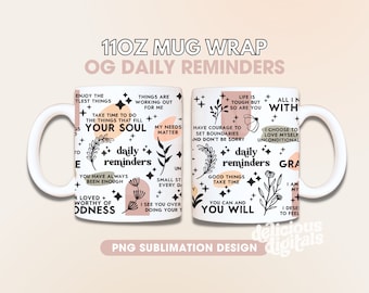 11oz Mug Wrap Sublimation Design Boho CLEAN Daily Reminders Affirmations Motivation Inspirational, Self Love, Positive Quotes