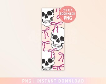 Coquette Skulls Bows Bookmark, Booktrovert Bookmark Design, Cute Skeleton Reading Creative Trendy PNG