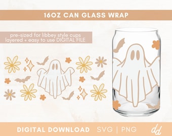 Boho Halloween Ghost Glass Can SVG - Cute Ghost Vibes svg - Libbey Halloween Glass Wrap - Commercial Use, Digital File