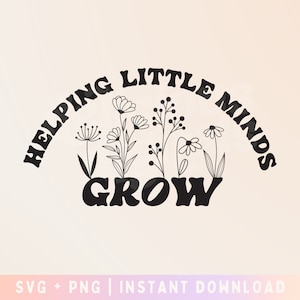 Könnte beinhalten: Schwarz-weißes Grafikdesign mit dem Text "Helping Little Minds Grow" in einer Retro-Schriftart. Der Text ist halbkreisförmig mit einer Gruppe von stilisierten Blumen in der Mitte.