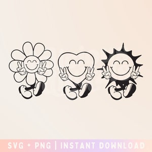 Jolly Sun Daisy Heart SVG PNG - Retro Walking SVG - Peace - Love More Worry Less - Commercial Use, Digital File
