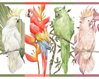Printable Bookmarks | Watercolor Tropical Birds and Flowers | Set of 4 Bookmarks