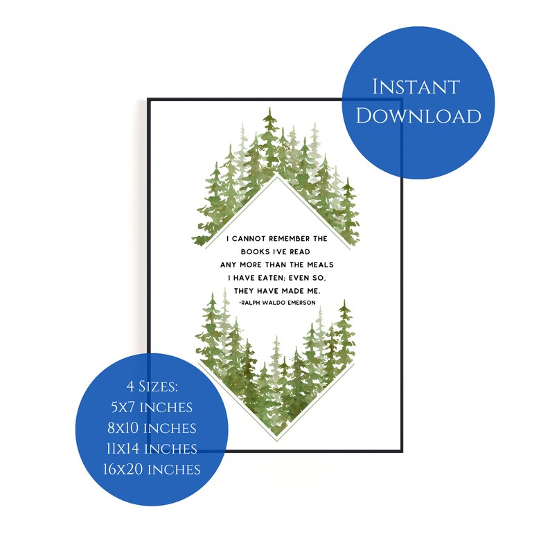 May include: A printable quote about books and meals with a watercolour forest background. The quote reads "I cannot remember the books I've read any more than the meals I have eaten: even so, they have made me." - Ralph Waldo Emerson. The quote is framed in a diamond shape. The print is available in four sizes: 5x7 inches, 8x10 inches, 11x14 inches, and 16x20 inches.