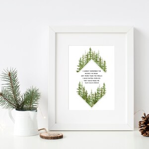 May include: A white framed print with a green watercolour forest design. The quote "I cannot remember the books I've read any more than the meals I have eaten, even so, they have made me." by Ralph Waldo Emerson is printed in black text.