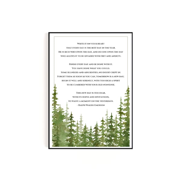 Ralph Waldo Emerson Quote Write it On Your Heart | Digital Download Wall Art with Watercolor Forest