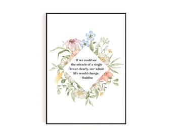 May include: A watercolor illustration of a floral wreath with a quote by Buddha: "If we could see the miracle of a single flower clearly, our whole life would change."