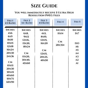 May include: A size guide chart with dimensions in inches and centimeters. The chart includes sizes for various ratios, such as 2:3, 3:4, and 4:5, and also lists ISO paper sizes. The text "SIZE GUIDE" is at the top.