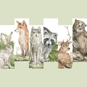 Printable Bookmarks | Watercolor Woodland Forest Animals Set of 6: Bear, Wolf, Raccoon, Deer, Rabbit, Fox