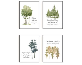 Watercolor Trees and Mantras Wall Decor | Digital Download Set of Four