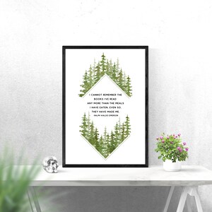 May include: A printable wall art design featuring a watercolour illustration of a forest with a quote by Ralph Waldo Emerson: "I cannot remember the books I've read any more than the meals I have eaten, even so, they have made me."