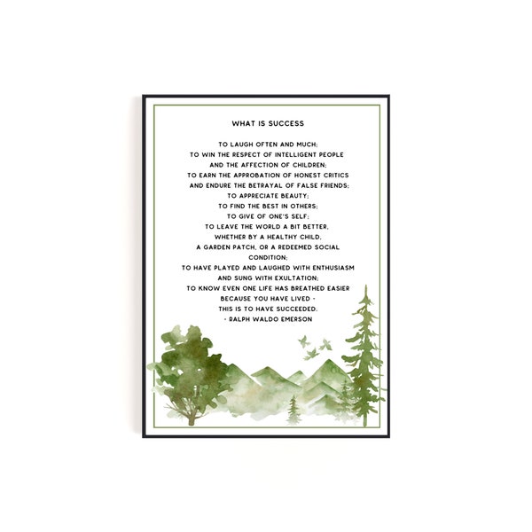 Ralph Waldo Emerson Success Poem | Digital Download Wall Art with Watercolor Forest