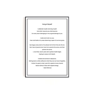 Walt Whitman Song of Myself Print - Literary Poetry Wall Art - Leaves of Grass - Inspirational Home Decor
