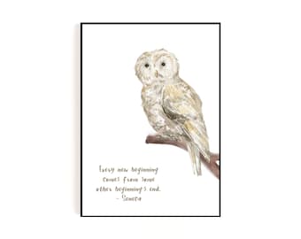 Printable Quote about Beginnings from Seneca with Watercolor Owl for Classroom