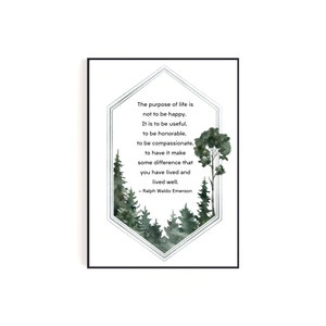 Ralph Waldo Emerson: het doel van het leven | Digitale download kunst aan de muur met aquarelbos afbeelding 1