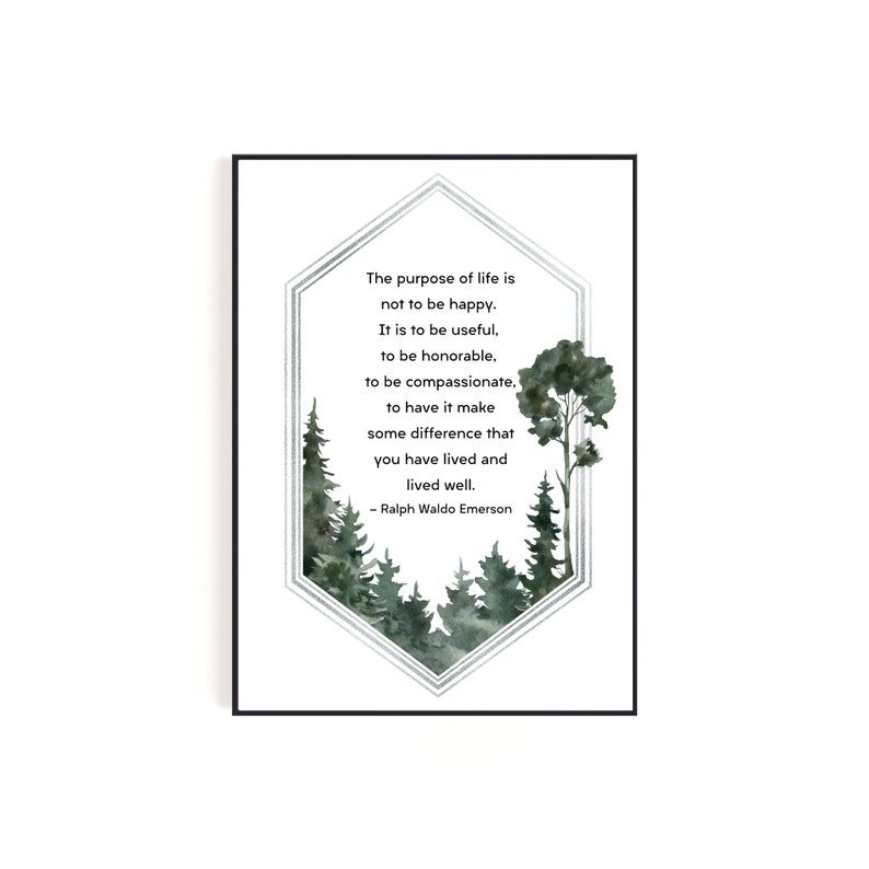 Ralph Waldo Emerson: het doel van het leven | Digitale download kunst aan de muur met aquarelbos afbeelding 1