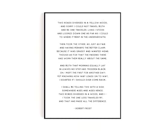 Robert Frost The Road Not Taken Poem Print, Graduation Gift, Minimalist Literary Wall Art