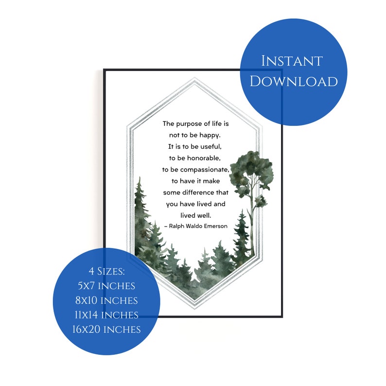 Ralph Waldo Emerson: het doel van het leven | Digitale download kunst aan de muur met aquarelbos afbeelding 2