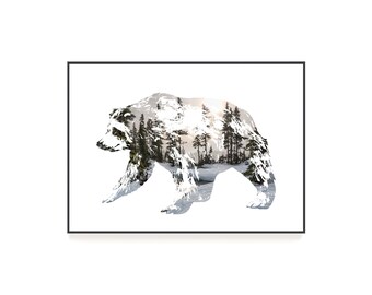 Bear Silhouette with Winter Forest | Printable Wall Art