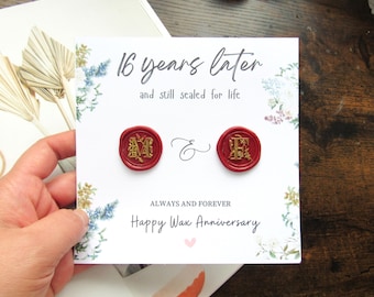 Real Wax seal initials 16th wedding anniversary card gift, Happy wax anniversary card sealed for life 16th luxury card for husband & wife