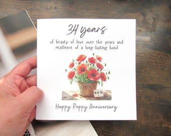 Tarjeta de aniversario de bodas Poppy 34: Tarjeta floral personalizada para marido, mujer y padres.