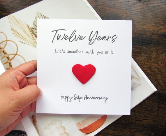 Real silk 12th Wedding anniversary card gift for husband wife, heart silk card 12th anniversary gift card unique card custom message inside