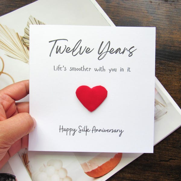 Real silk 12th Wedding anniversary card gift for husband wife, heart silk card 12th anniversary gift card unique card custom message inside