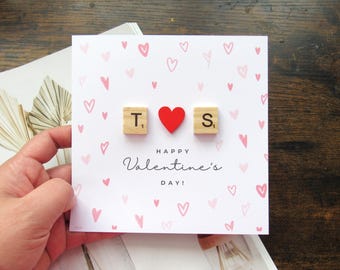 Custom wooden initials Happy Valentine's day card gift for husband wife boyfriend girlfriend, wooden hearts letter valentines day card gift