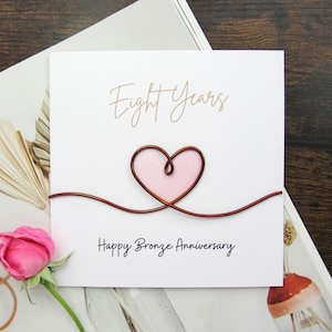 Real Bronze 8th Wedding anniversary card wire gift for husband wife, rustic bronze heart wire bronze 19th anniversary gift card unique card