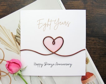Real Bronze 8th Wedding anniversary card wire gift for husband wife, rustic bronze heart wire bronze 19th anniversary gift card unique card